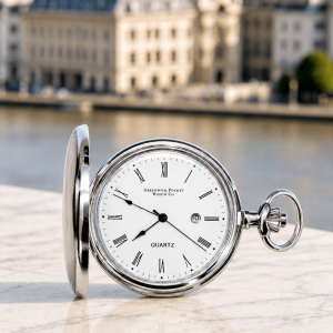 The Blenheim Chrome Plated Full Hunter Date Display Quartz Pocket Watch with Chain
