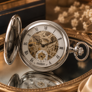 Chrome Plated Half Hunter Skeleton Dial Mechanical Pocket Watch with Chain (48mm)