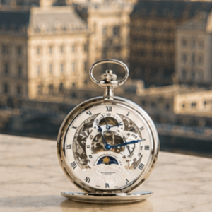 Chrome Plated Double Hunter Dual Time Mechanical Pocket Watch Westminster with Chain