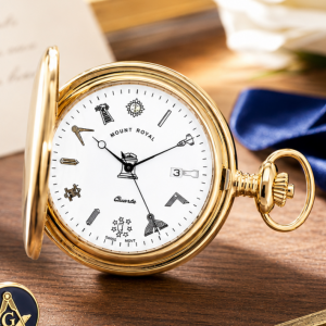 Masonic Gold Plated Full Hunter Date Display Quartz Pocket Watch with Chain