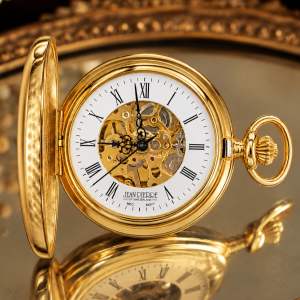 Gold Plated Half Hunter Skeleton Dial Mechanical Pocket Watch with Chain