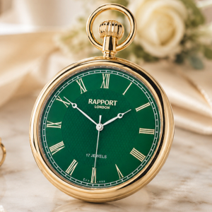 Gold Plated Open Face Mechanical Pocket Watch Emerald with Chain