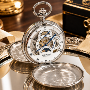 Chrome Plated Double Hunter Dual Time Mechanical Pocket Watch Moondial with Chain