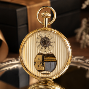 Gold Plated Open Face Skeleton Dial Mechanical Pocket Watch with Chain