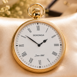 Gold Plated Open Face Quartz Pocket Watch with Chain