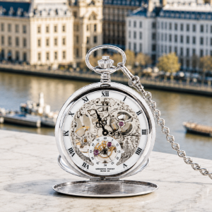 The Buckingham Sterling Silver Double Hunter Mechanical Pocket Watch with Chain