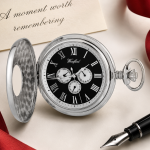 Chrome Plated Half Hunter Date Display Quartz Pocket Watch with Chain (50mm)