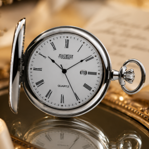 Chrome Plated Full Hunter Date Display Quartz Pocket Watch with Chain (48mm) (G555CQ)