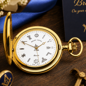 Masonic Gold Plated Full Hunter Date Display Quartz Pocket Watch with Chain