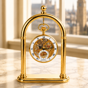 Gold Plated Open Face Skeleton Dial Mechanical Pocket Watch with Chain and Gold Plated Arch Stand