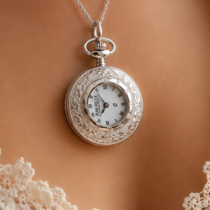 Chrome Plated Half Hunter Pendant Necklace Watch