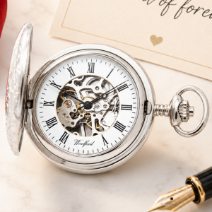 Chrome Plated Half Hunter Skeleton Dial Mechanical Pocket Watch with Chain