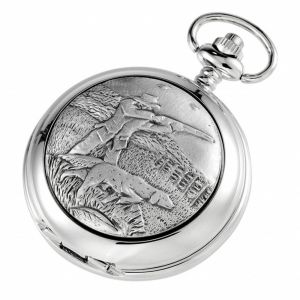 Shooting Chrome Pewter Skeleton Double Hunter Pocket Watch