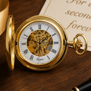 Gold Plated Half Hunter Skeleton Dial Mechanical Pocket Watch with Chain (45mm) (W1021)
