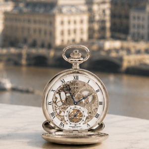 Chrome Plated Double Half Hunter Mechanical Pocket Watch Bridewell with Chain