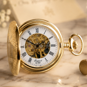 Gold Plated Half Hunter Skeleton Dial Mechanical Pocket Watch with Chain