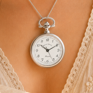 Silver Plated Open Face Quartz Pendant Necklace Watch With Chain