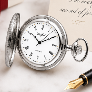 Chrome Plated Half Hunter Mechanical Pocket Watch with Chain
