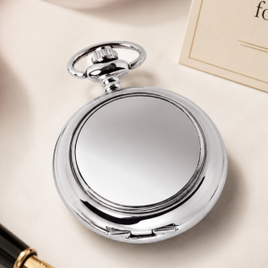 Chrome & Pewter Full Hunter Quartz Pocket Watch Plain with Chain