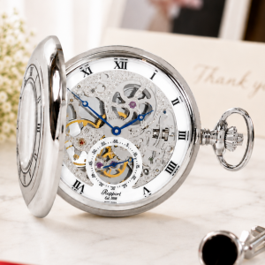 Chrome Plated Double Half Hunter Mechanical Pocket Watch with Chain