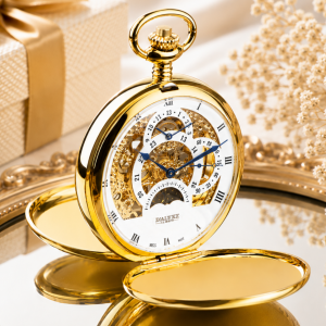 Gold Plated Double Hunter Dual Time Mechanical Pocket Watch Moondial with Chain