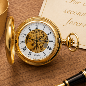 Gold Plated Half Hunter Skeleton Dial Mechanical Pocket Watch with Chain (45mm) (W1021)