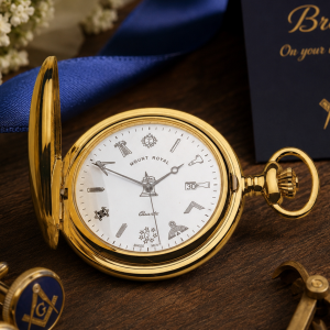 Gold Tone Full Hunter 17 Jewel Quartz Pocket Watch With Masonic Dial