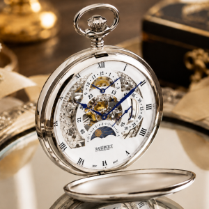 Chrome Plated Double Hunter Dual Time Mechanical Pocket Watch Moondial with Chain