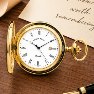 Gold Plated Full Hunter Date Display Quartz Pocket Watch with Chain