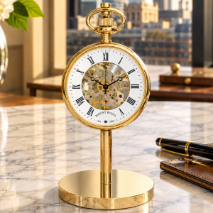 Gold Plated Open Face Skeleton Dial Mechanical Pocket Watch with Chain and Gold Plated Stand