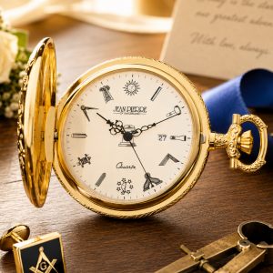 Masonic Gold Plated Half Hunter Date Display Quartz Pocket Watch with Chain (46mm)