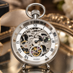 Chrome Plated Open Face Mechanical Freestanding Pocket Watch With Chain