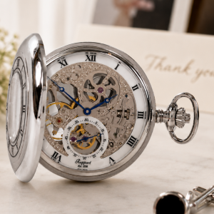 Chrome Plated Double Half Hunter Mechanical Pocket Watch with Chain