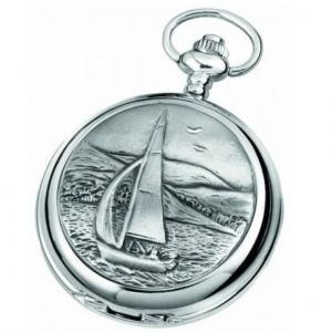 Sailboat Chrome/Pewter Quartz Full Hunter Pocket Watch