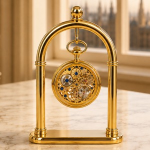 Gold Plated Open Face Skeleton Dial Mechanical Pocket Watch with Chain and Gold Plated Arch Stand