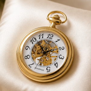 Gold Plated Open Face Skeleton Dial Mechanical Pocket Watch Gents with Chain