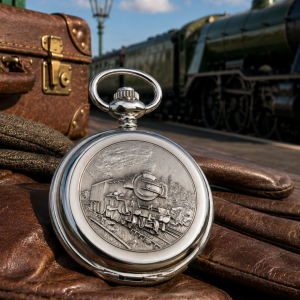Flying Scotsman Chrome & Pewter Full Hunter Quartz Pocket Watch with Chain