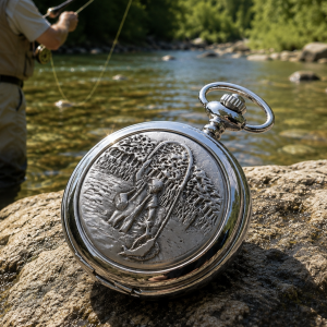 Fishing Chrome & Pewter Full Hunter Quartz Pocket Watch with Chain