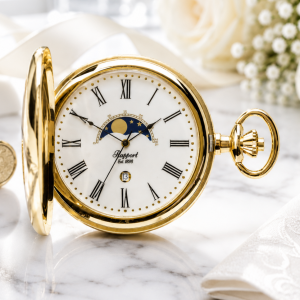 Gold Plated Half Hunter Moon Dial Quartz Pocket Watch Phase with Chain