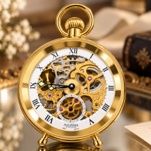 Gold Plated Open Face Mechanical Freestanding Pocket Watch With Chain