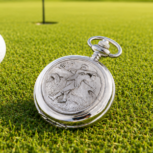 Golfing Chrome & Pewter Full Hunter Quartz Pocket Watch with Chain