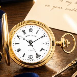 Masonic Gold Plated Full Hunter Date Display Mechanical Pocket Watch with Chain