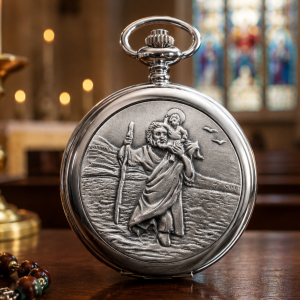 Chrome & Pewter Full Hunter Quartz Pocket Watch St Christopher with Chain