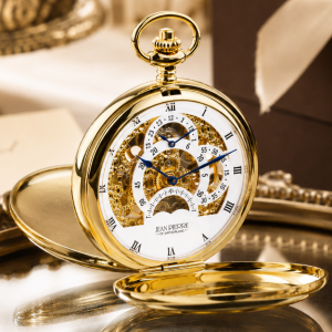 Gold Plated Double Hunter Dual Time Mechanical Pocket Watch Moondial with Chain