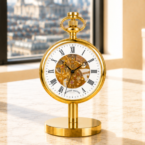 Gold Plated Open Face Skeleton Dial Mechanical Pocket Watch with Chain and Gold Plated Stand
