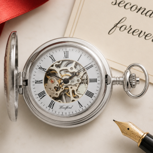 Chrome Plated Full Hunter Skeleton Dial Mechanical Pocket Watch Engravable Shield with Chain