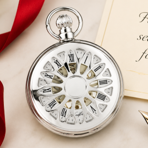 Chrome Plated Full Hunter Skeleton Dial Mechanical Pocket Watch with Chain
