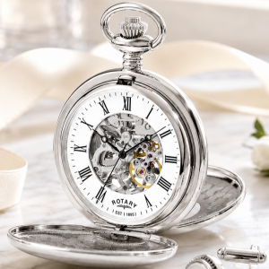 Chrome Plated Double Half Hunter Mechanical Pocket Watch Heritage with Chain