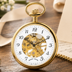 Gold Plated Open Face Skeleton Dial Mechanical Pocket Watch with Chain (Arabic Numerals)