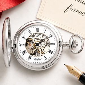 Chrome Plated Full Hunter Skeleton Dial Mechanical Pocket Watch Engravable Shield with Chain